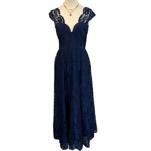 Navy Lace Maxi Dress Romantic Formal Prom Evening Gown Open Back Victorian M